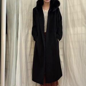 Black Wool Overcoat with Fur Lined Hood Vintage 90s Y2K XL